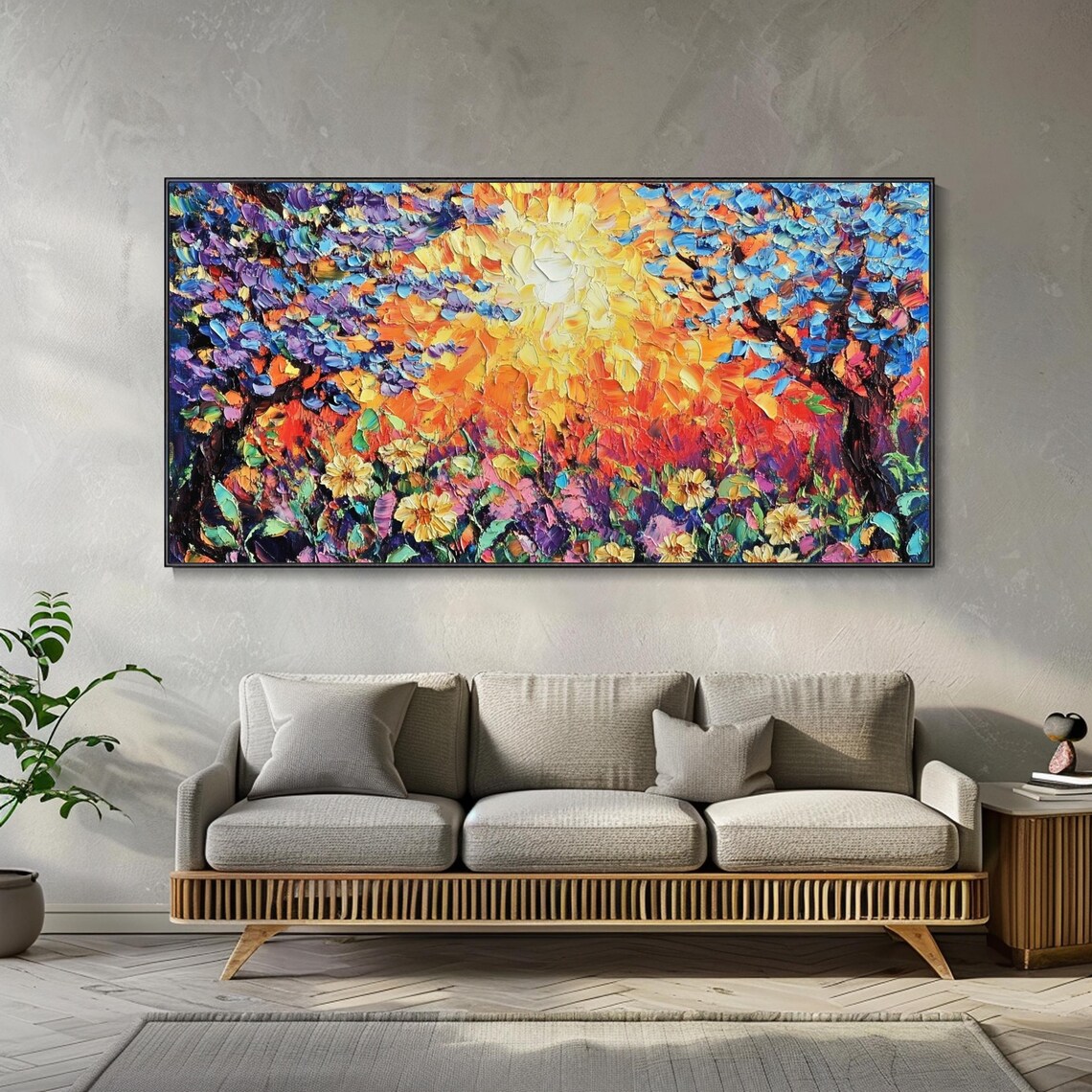 Blossom Tree Blazing Sun Colorful Garden Impasto Oil Painting Wall Art - Image 2