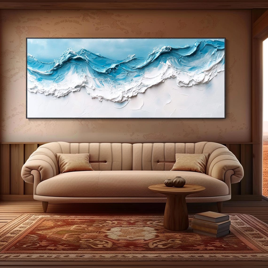 White Turquoise Ocean Waves 3D Textured Abstract Oil Painting Wall Art - Image 3