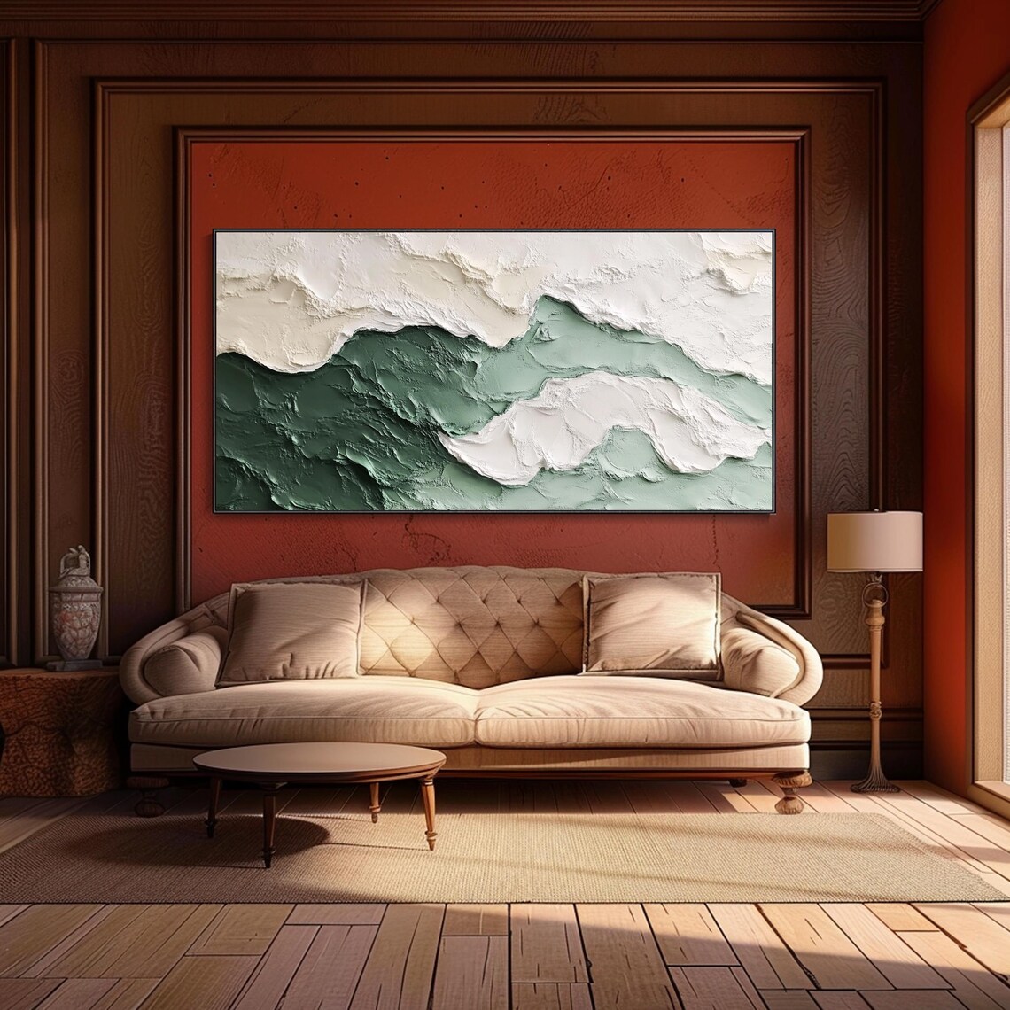 Cream White Green Textured Waves Minimalist Abstract Oil Painting Wall Art - Image 5