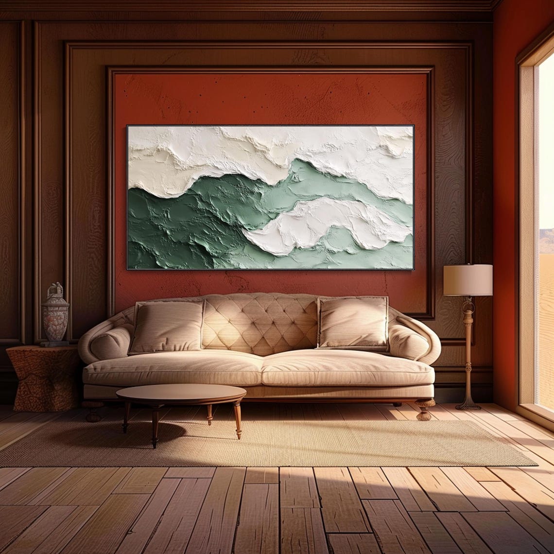 3d Green Minimalist Beach Painting Textured Wall Art Ocean Wave Painting On Wabi Sabi Wall Art Living Room Painting Fashion Decor - Image 2