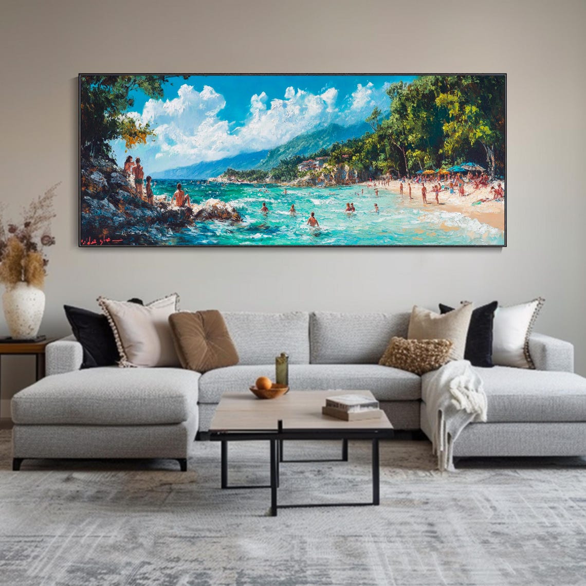 Sunny Beach Crowd Swimming Turquoise Water Coastal Seascape Wall Art - Image 3