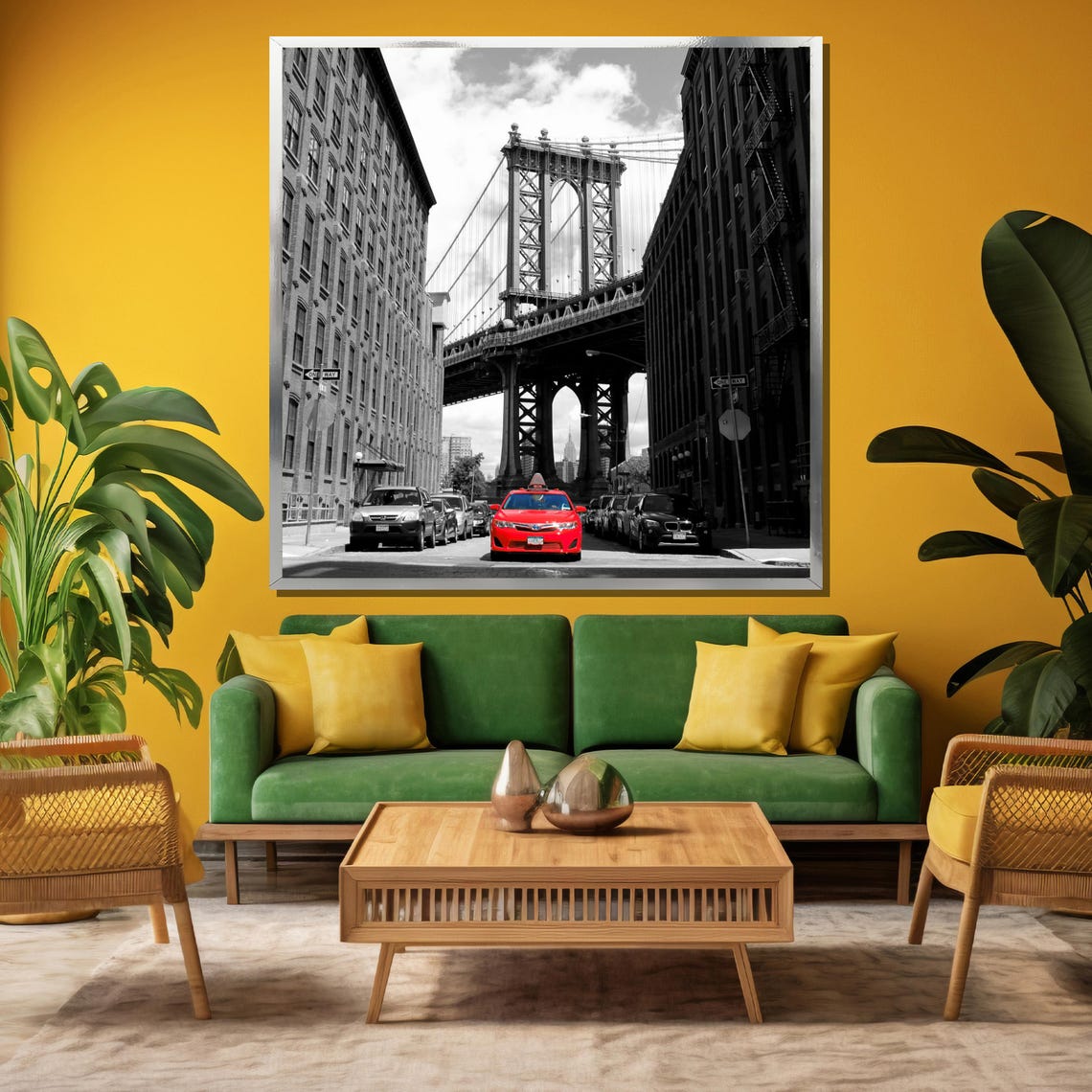 New York Manhattan Bridge Red Car Black White Urban Street Poster - Image 3