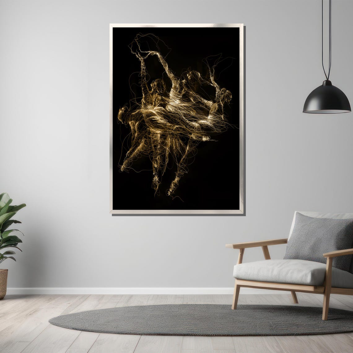 Golden Light Trail Ballet Dancers Motion on Black Art Poster - Image 3