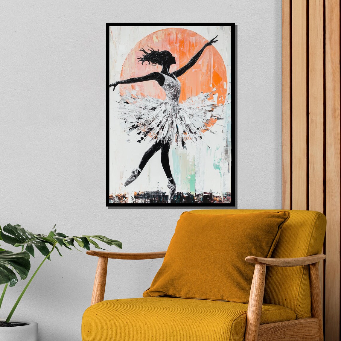 Ballerina Silhouette in White Tutu with Orange Sun Circle Art Poster - Image 4