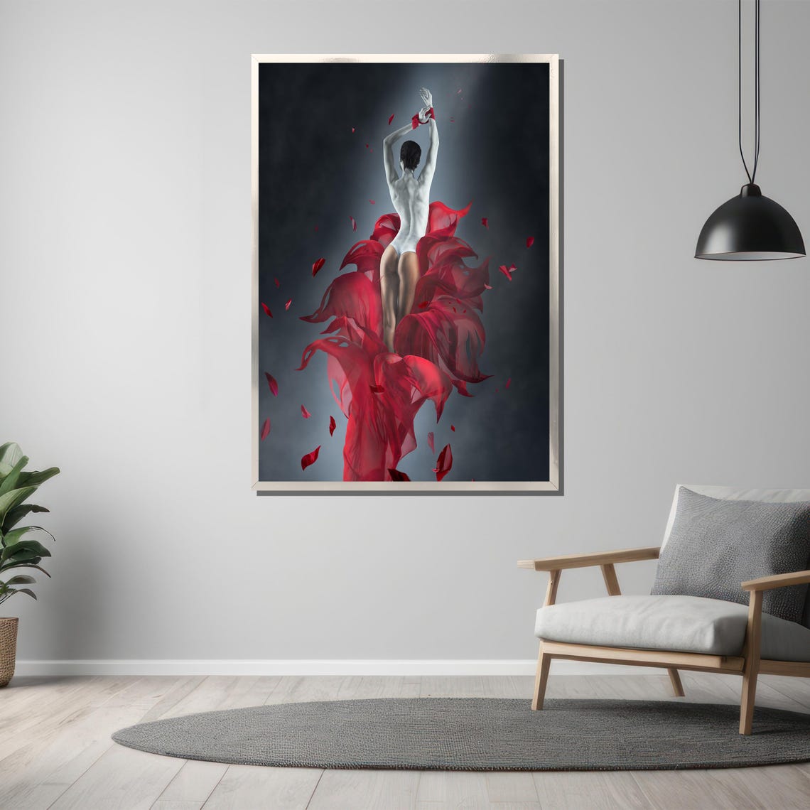 Red Silk Embrace Dancer in White Bodysuit Amid Petals Art Poster - Image 3