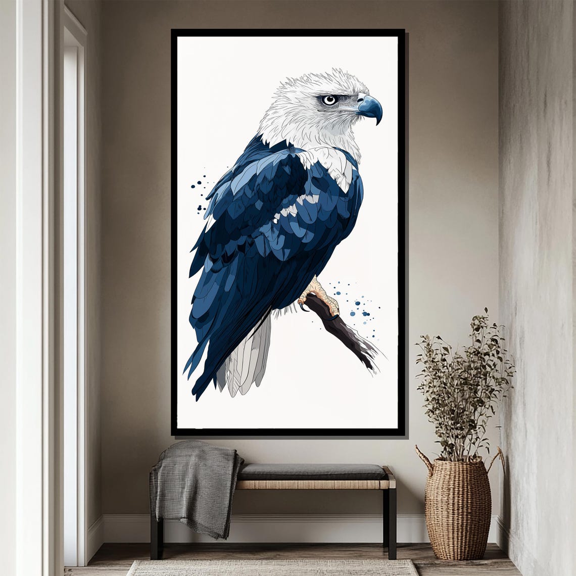Indigo Majesty Blue and White Eagle Perched Watercolor Art Poster - Image 4