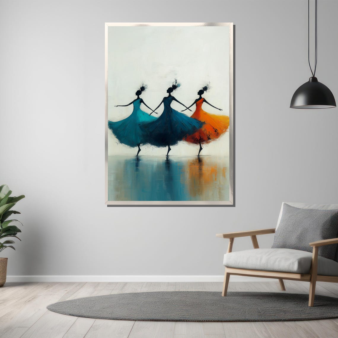 Three Dancers in Teal Orange Dresses Elegant Dance Art Poster - Image 3