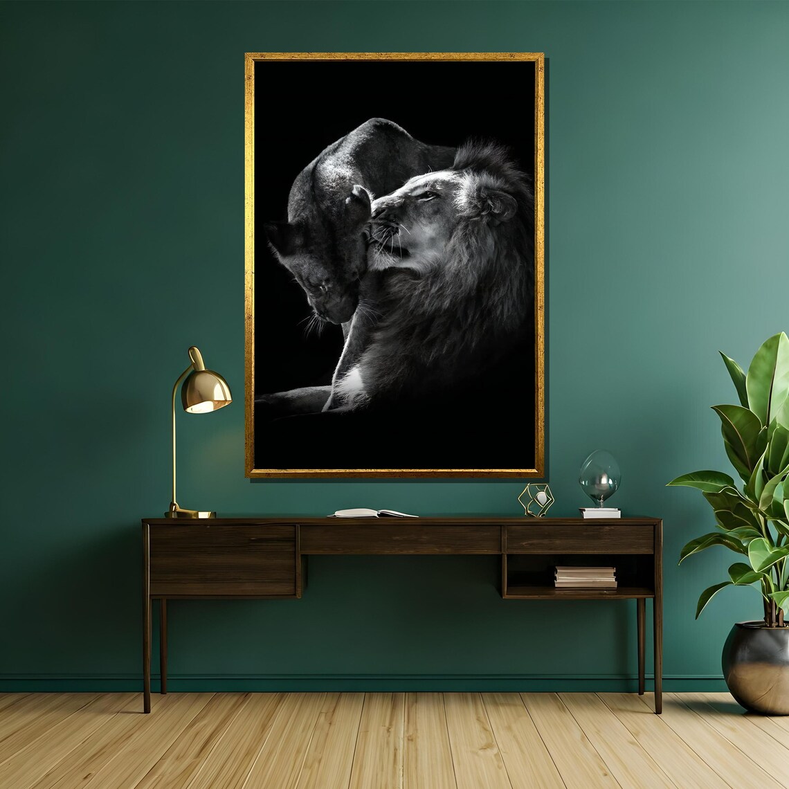 Romantic Lion Couple Black and White Wildlife Photography Art Poster - Image 5