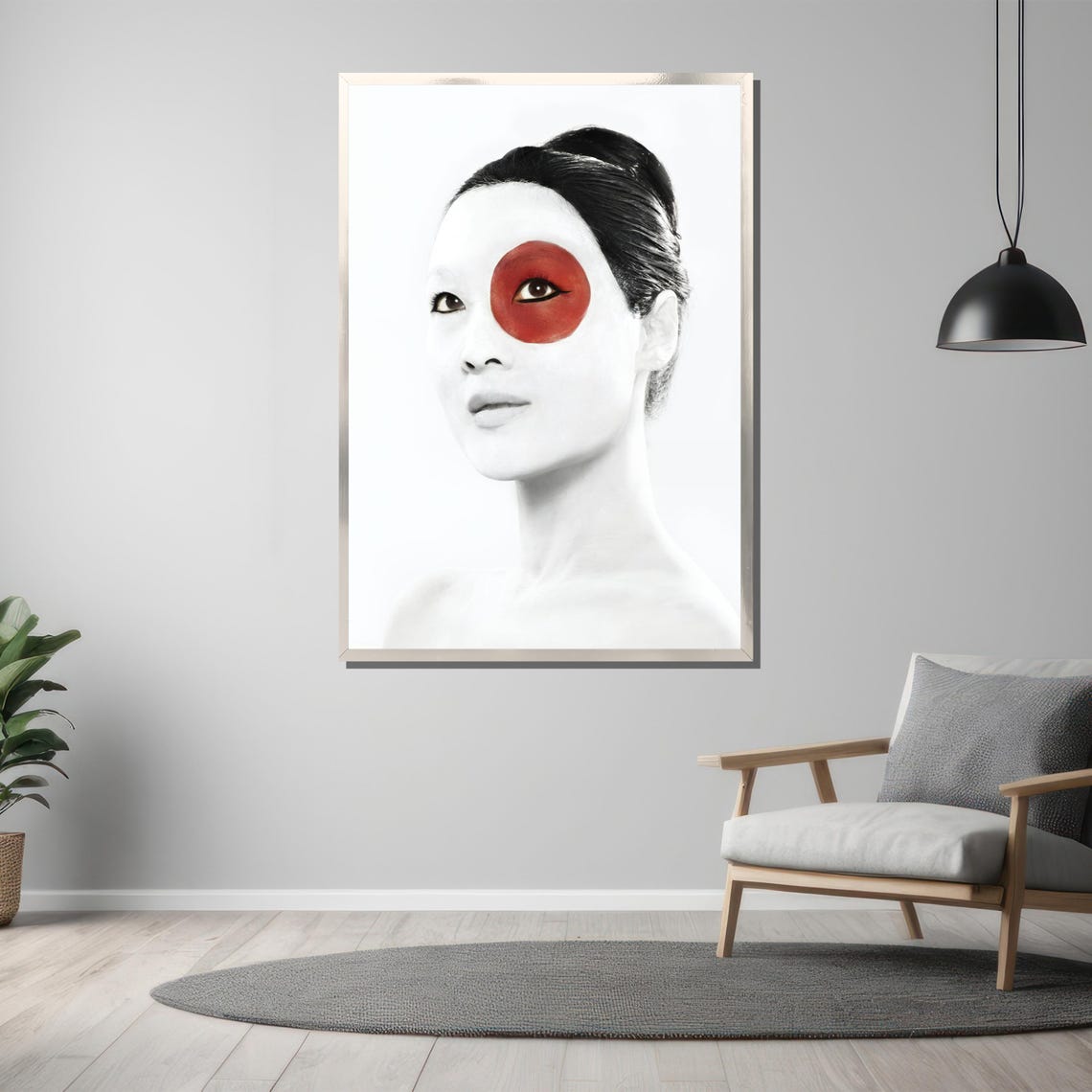 Black And White Japanese Woman Portrait Red Sun Eye Accent Poster - Image 3