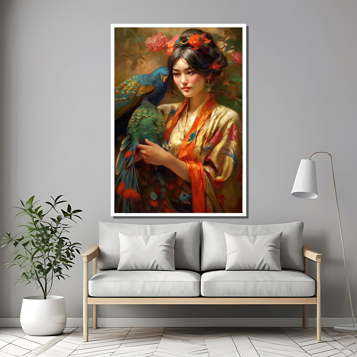 Elegant Oriental Woman With Parrot In Exotic Garden Art Poster - Image 2