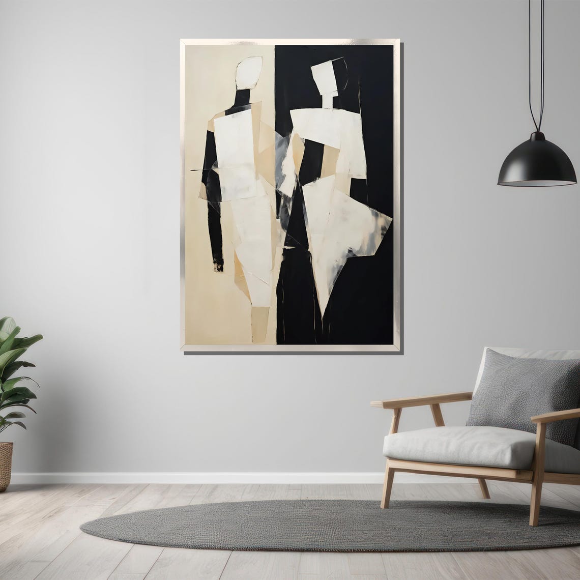 Contemporary Black And White Abstract Figures Painting Minimalist Art Gift For Modern Home Decor With Bold Geometric Style - Image 3