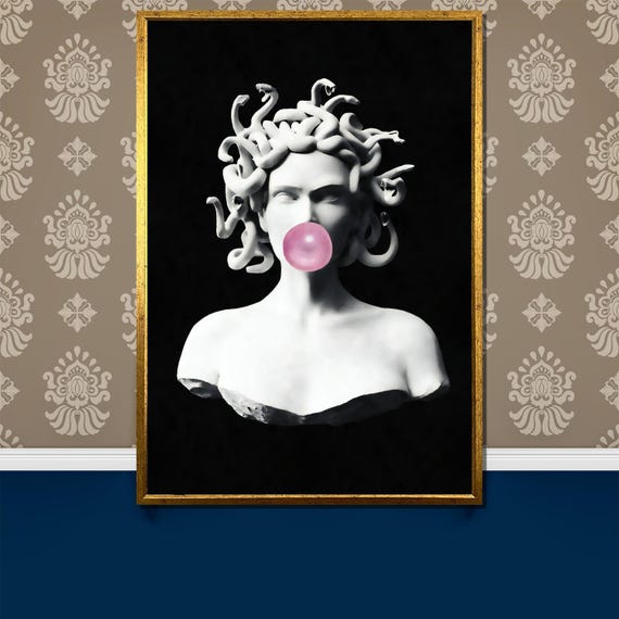 Medusa Bubblegum Painting Unique Mythological Pop Art Modern Surreal Wall Decor Bold Art Gift For Home Design Lovers