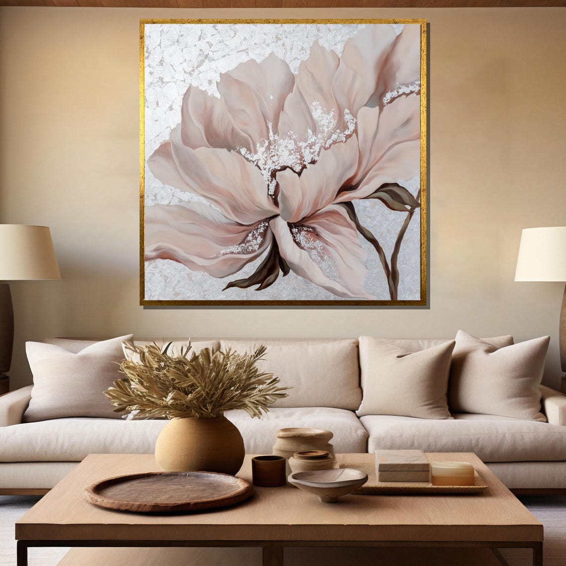 Large Beige Bloom with Shimmering Silver Leaf Accents Floral Poster - Image 5