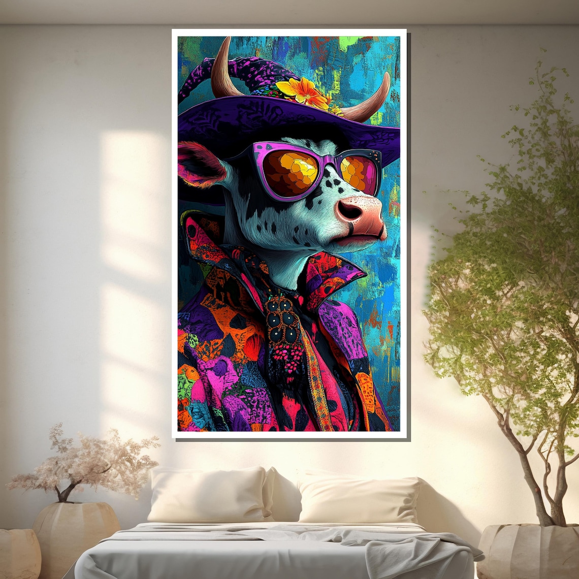 Disco Diva Funky Highland Cow in Sunglasses and Floral Hat Poster - Image 2