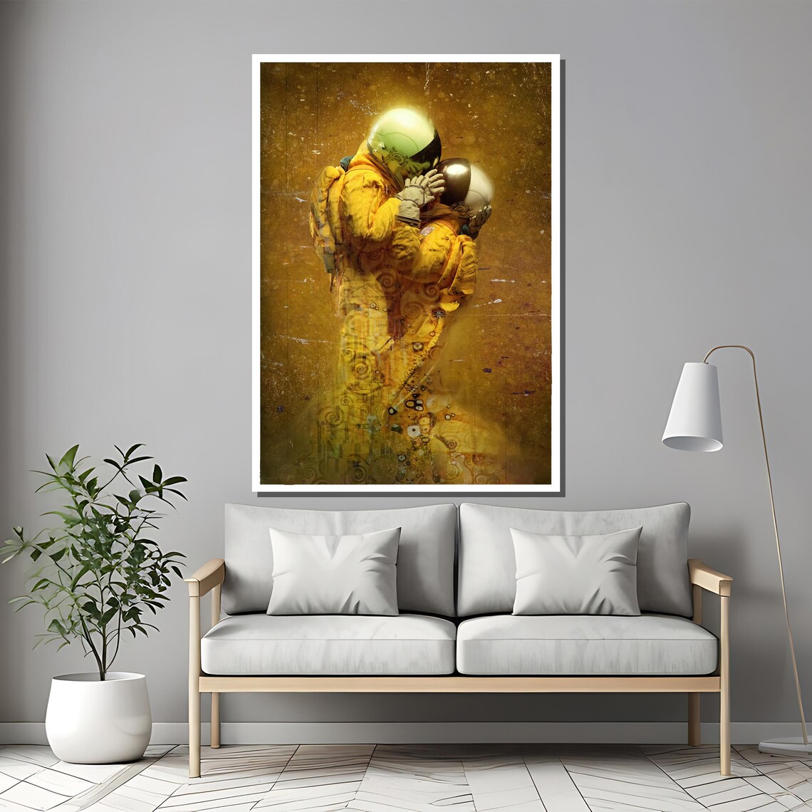 Two Astronauts Embracing In Golden Klimt Inspired Swirling Light Poster - Image 2