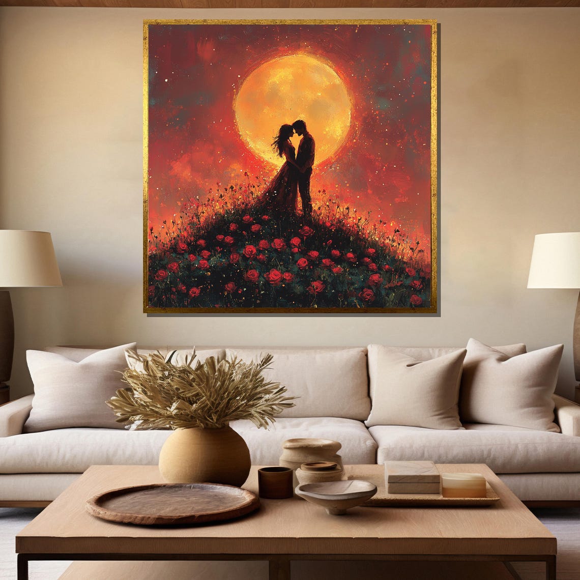 Embrace Under the Moon Silhouetted Couple in a Rose Field Poster - Image 5