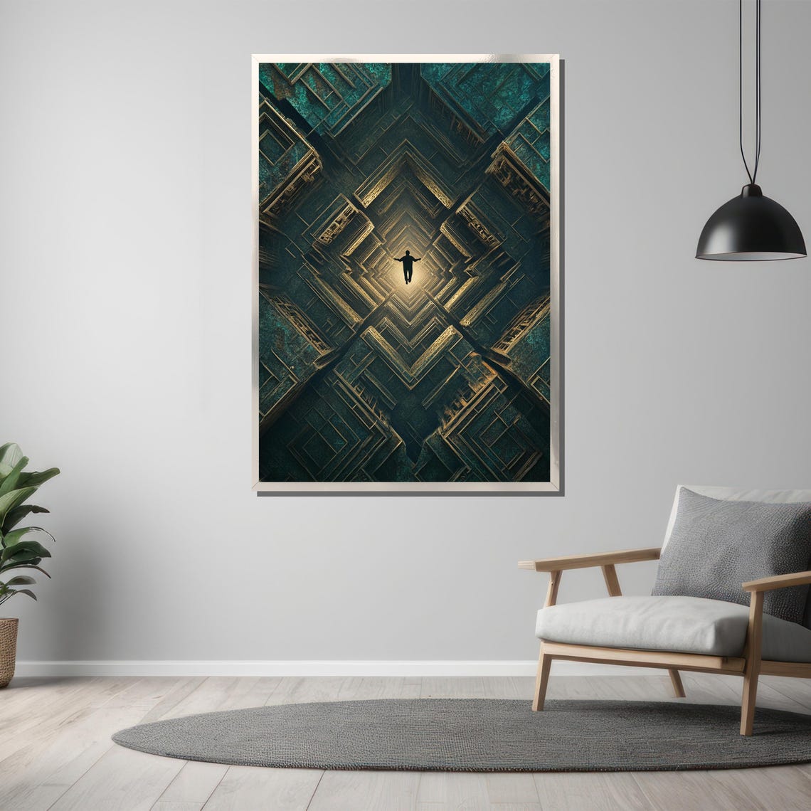 Floating Silhouette in a Dark Geometric Light Tunnel Art Poster - Image 3