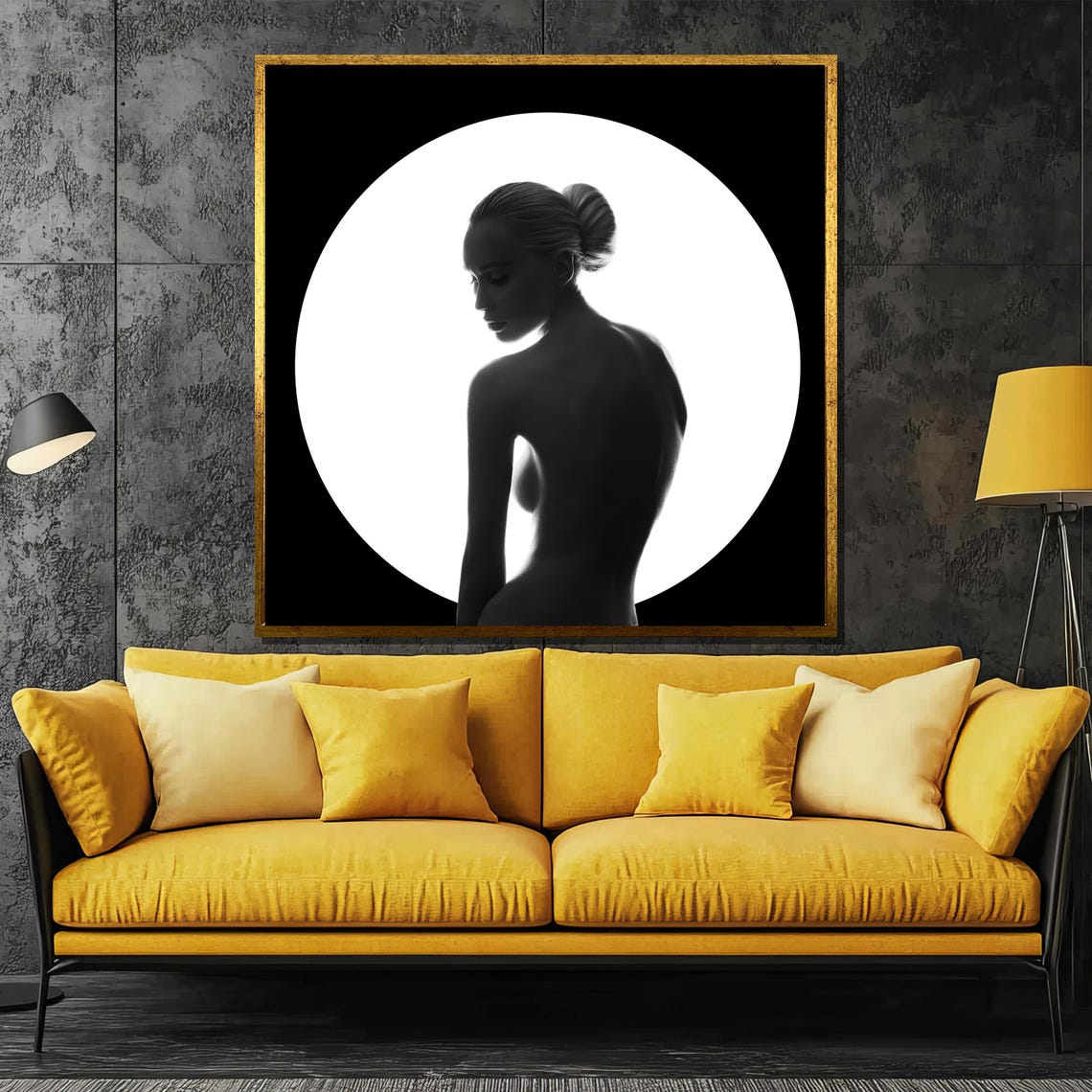 Black and White Nude Woman Silhouette Before a Glowing Moon Poster