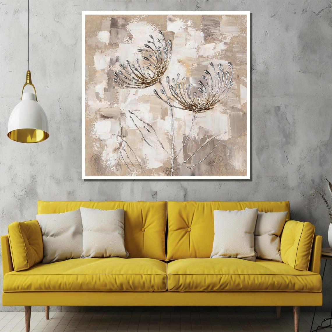 Silver Abstract Dandelion Flowers On Neutral Beige Art Poster - Image 2