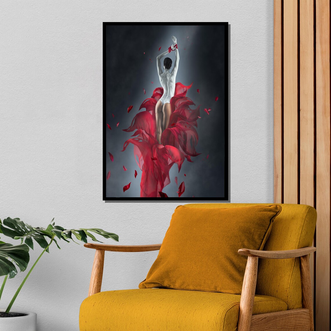 Red Silk Embrace Dancer in White Bodysuit Amid Petals Art Poster - Image 4