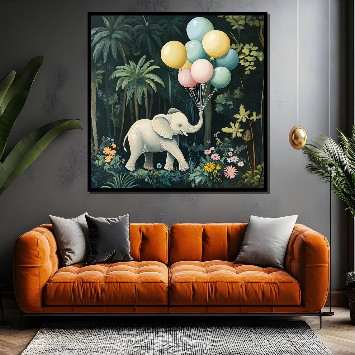 Adorable Baby Elephant Holding Pastel Balloons in Jungle Poster - Image 4