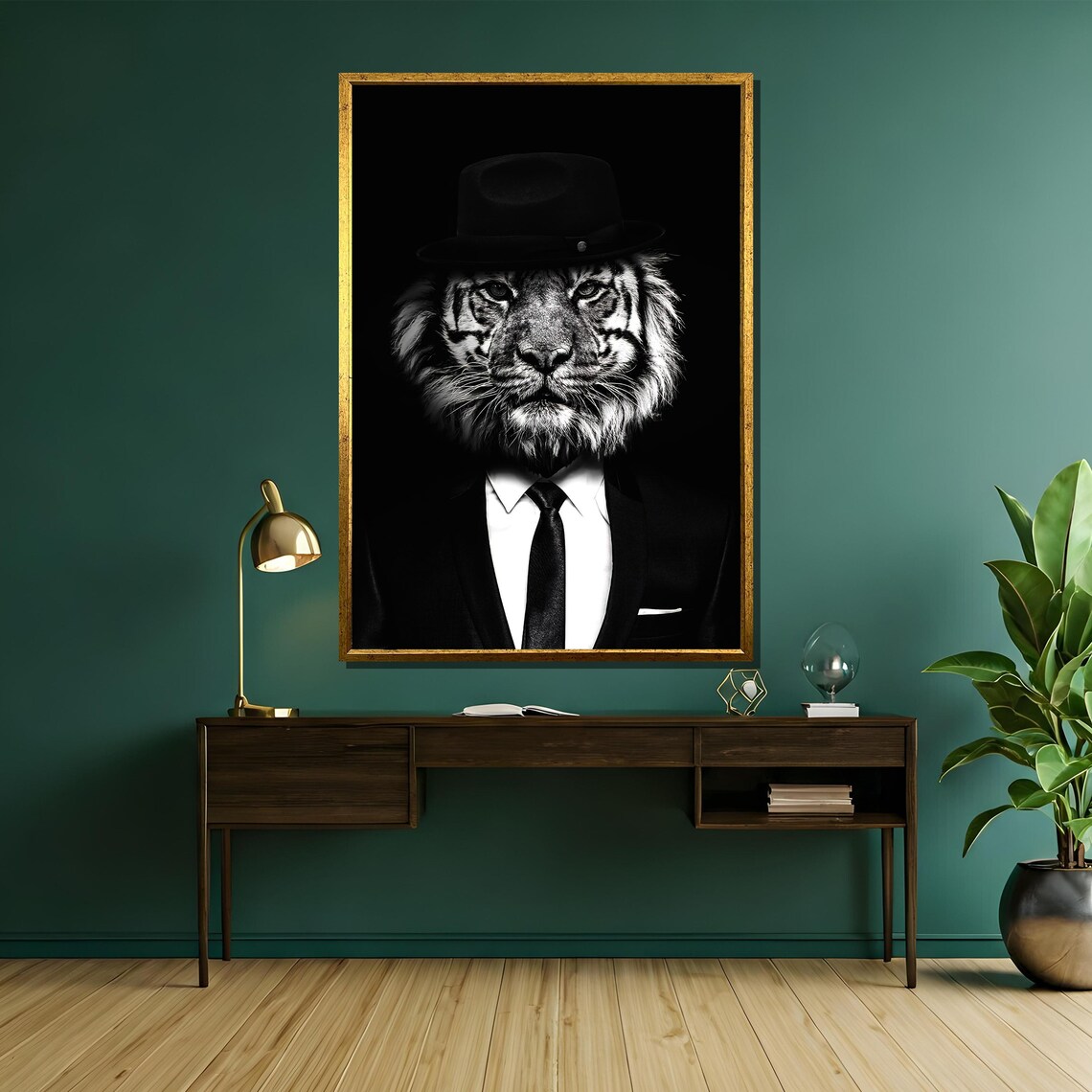 Tiger in Fedora Suit Black and White Funny Animal Portrait Poster - Image 5