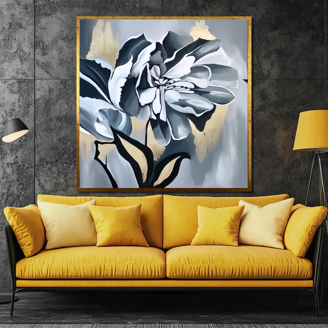 Black And White Monochrome Flower With Gold Accents Art Poster