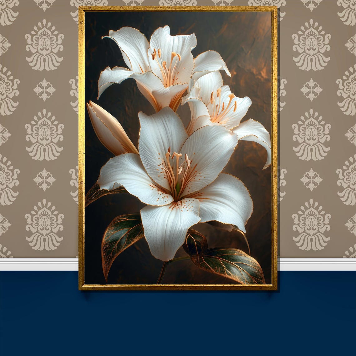 Elegant White Lily Flowers Dark Background Botanical Art Poster