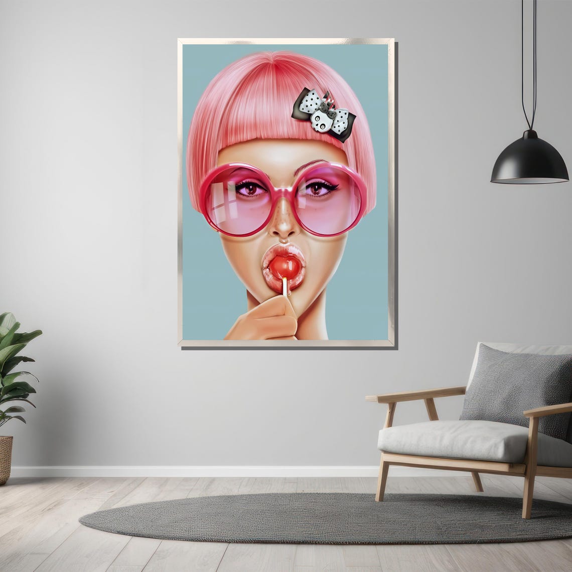 Pink Bob Wig Sunglasses Lollipop Bow Pop Art Girl Fun Poster - Image 3
