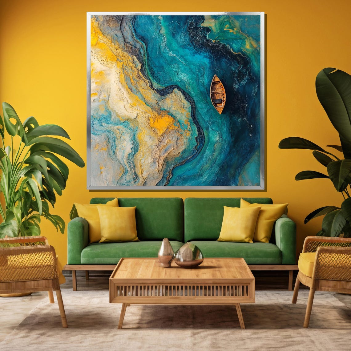 Abstract Turquoise River With Tiny Wooden Boat From Above Art Poster - Image 3