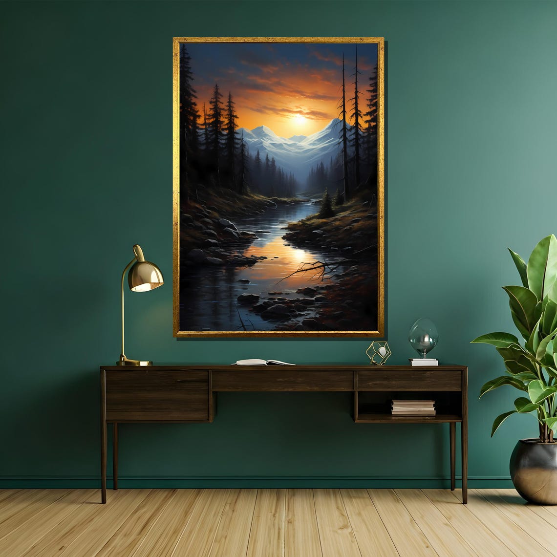 Tranquil Sunset Over Mountain Stream Painting Scenic Wilderness Landscape Peaceful Forest Art Perfect Nature Gift For Wall Decor - Image 5