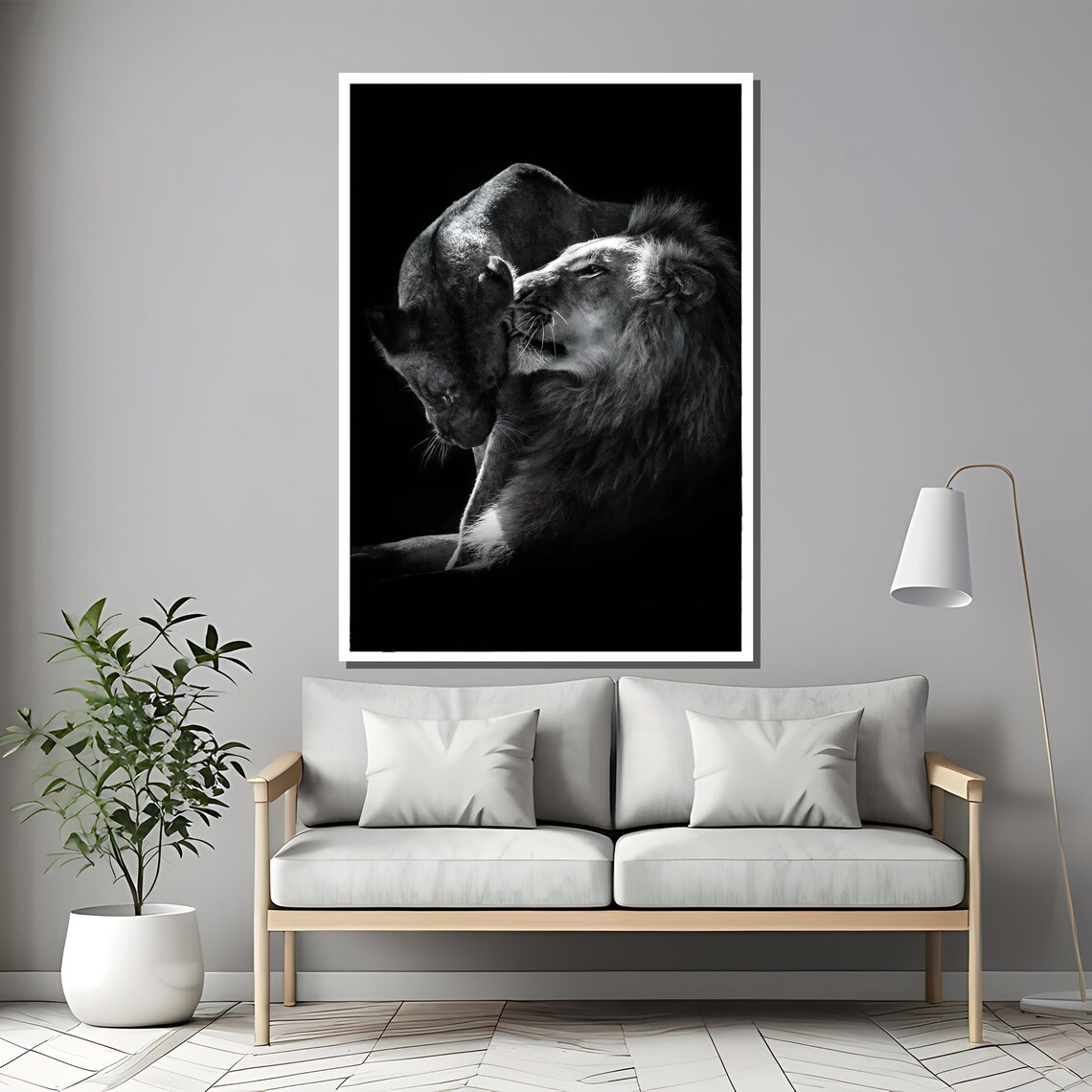 Romantic Lion Couple Black and White Wildlife Photography Art Poster - Image 2