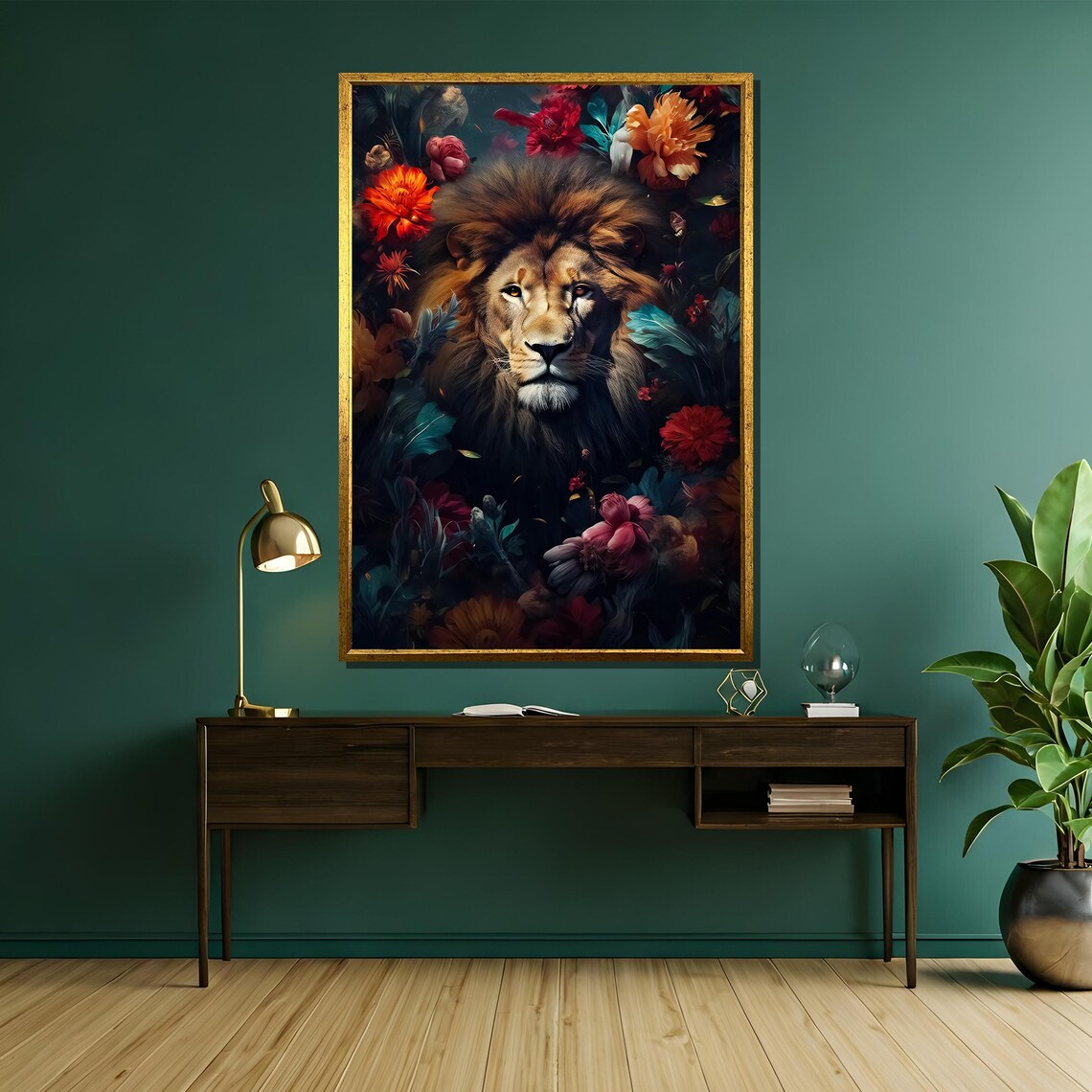 Regal Lion Emerging From A Dark Vibrant Floral Jungle Poster - Image 5