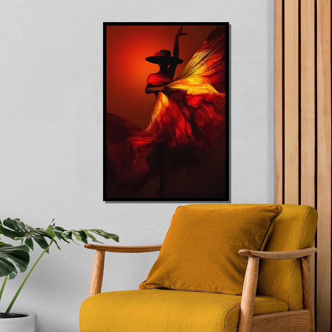 Fiery Flamenco Dancer in Red Yellow Dress Silhouette Painting Poster - Image 4
