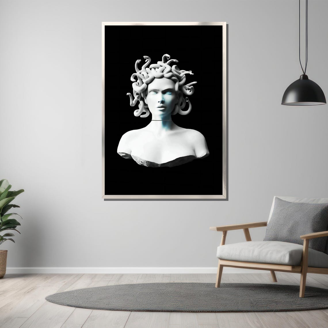 Monochrome Medusa Marble Bust With Glitch Scanline Effect Poster - Image 3