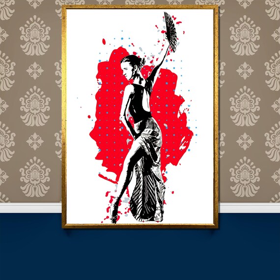 Pop Art Flamenco Dancer with Fan Red Splash Modern Painting Poster