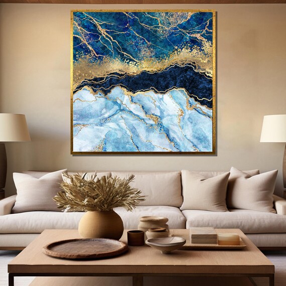 Blue And Gold Abstract Painting Luxury Ocean Art Gift For Modern Home Decor And Wall Accents