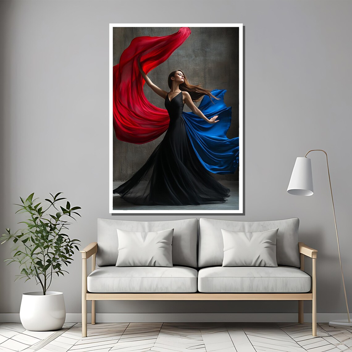 Dancer in Black Dress with Flowing Red Blue Silk Fabric Art Poster - Image 2