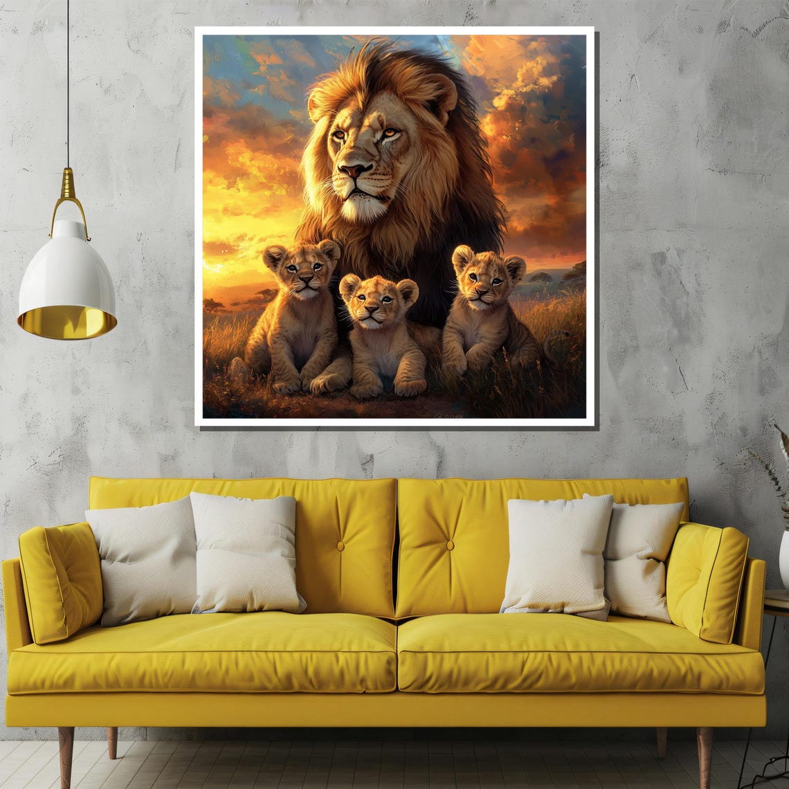 Noble Lion With His Three Cubs Under A Fiery Sunset Sky Poster - Image 2