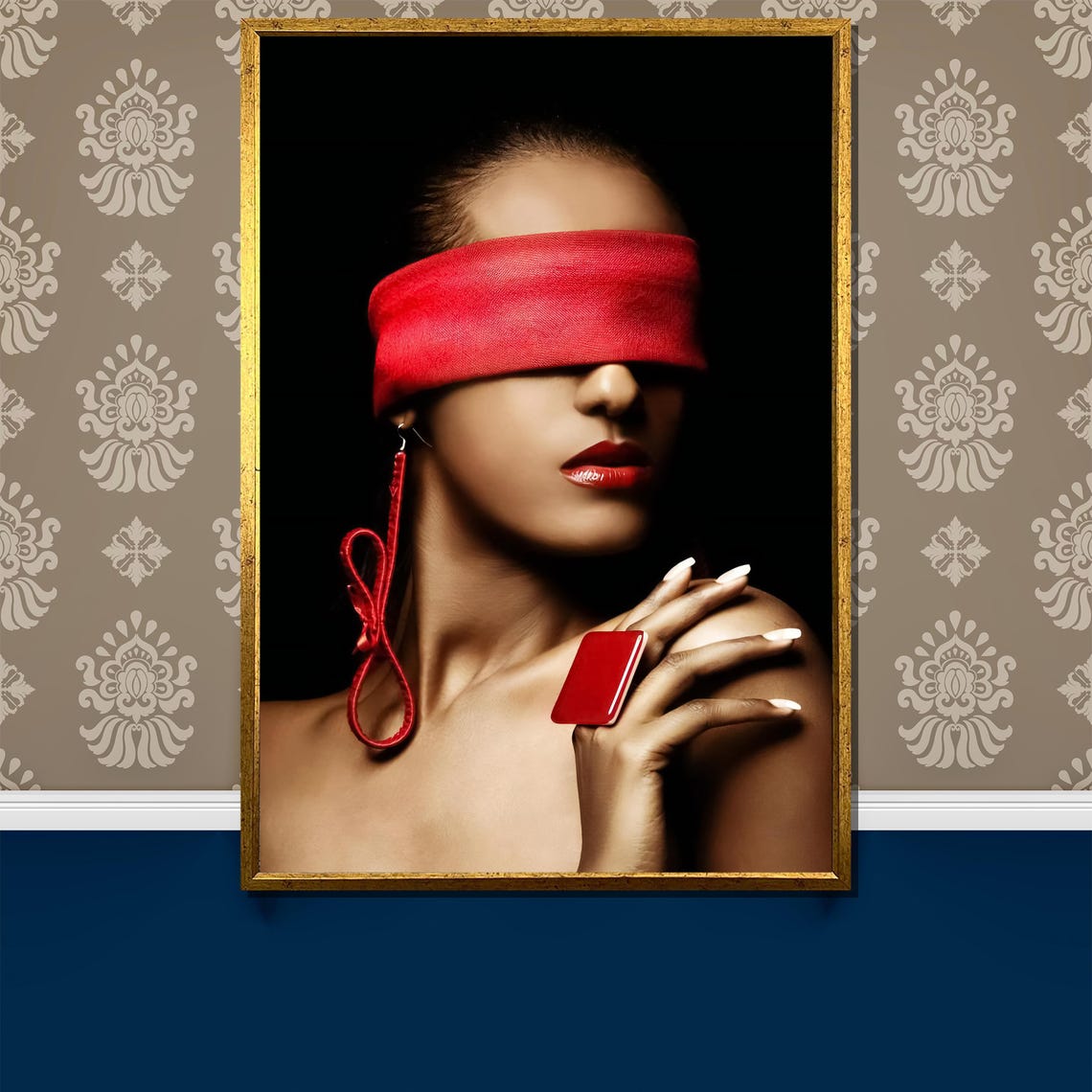 Seductive Red Blindfold Painting Sensual Art Gift Bold And Mysterious Wall Decor For Modern Interiors