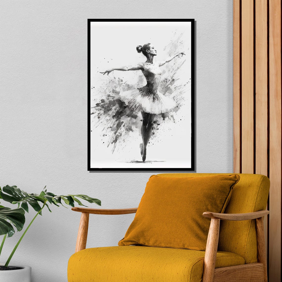 Black and White Watercolor Ballerina Ink Splash Sketch Poster - Image 4