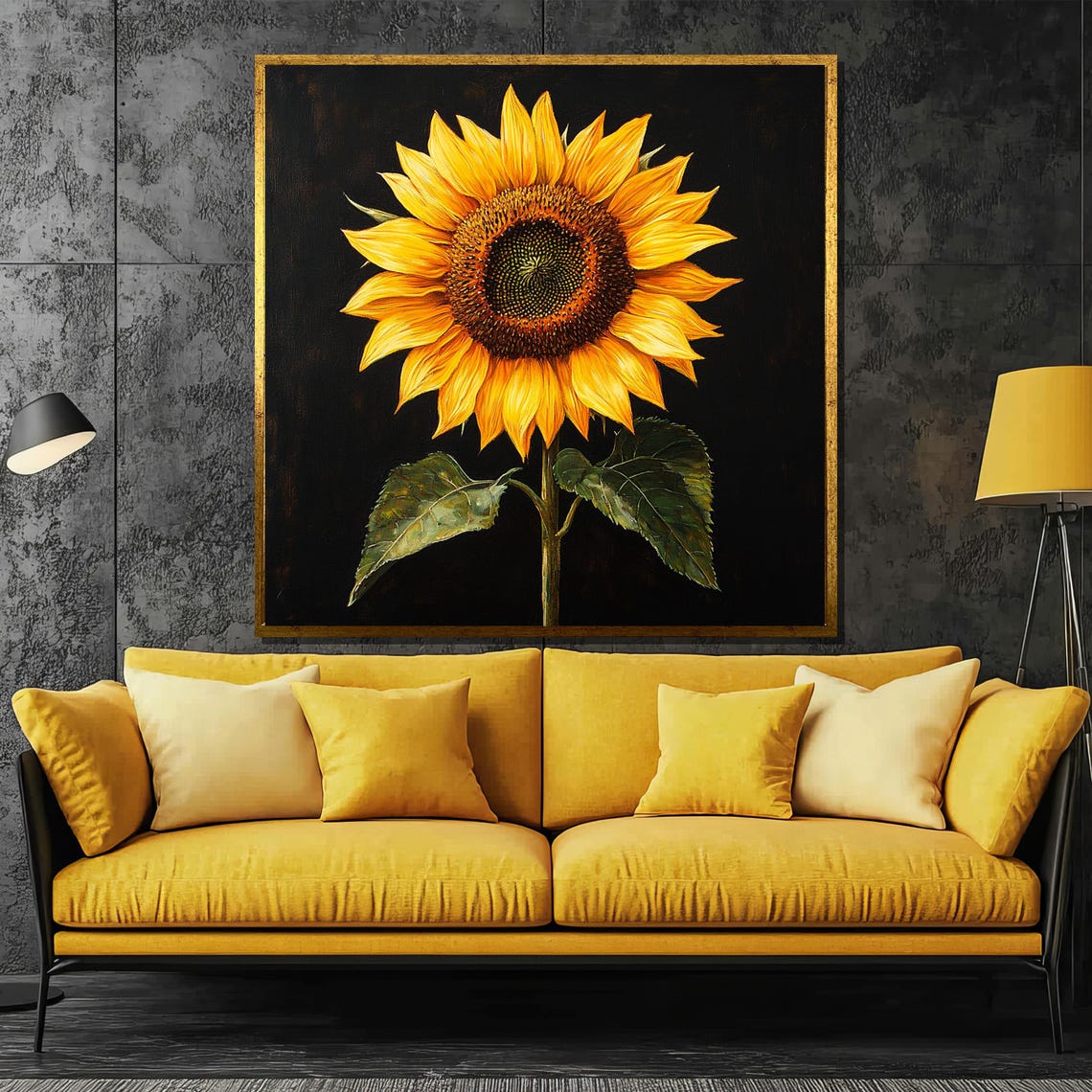 Bold Golden Sunflower Bloom on a Dramatic Black Background Poster