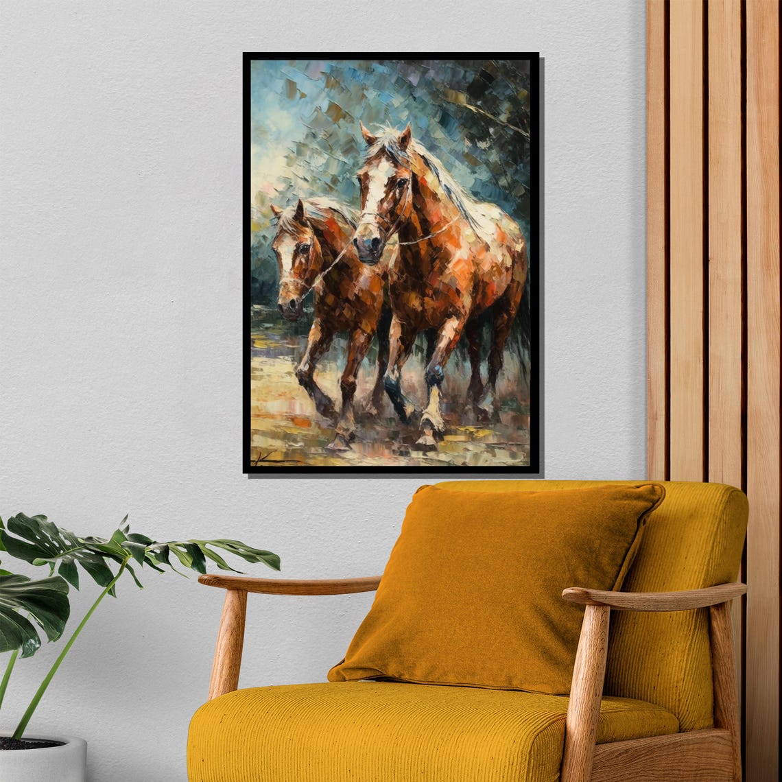 Two Chestnut Horses Running Together Textured Oil Art Poster - Image 4