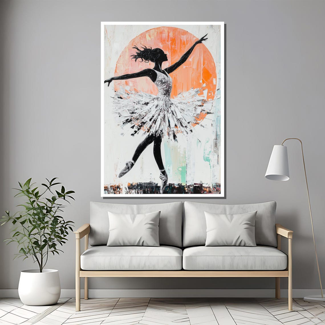 Ballerina Silhouette in White Tutu with Orange Sun Circle Art Poster - Image 2