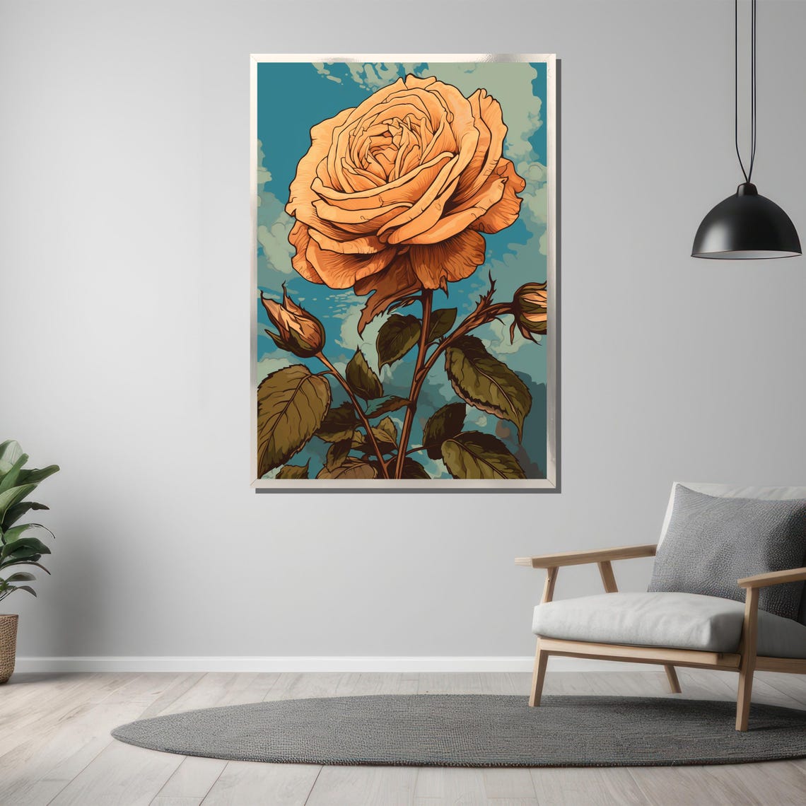 Vintage Orange Rose Illustration on a Teal Background Poster - Image 3