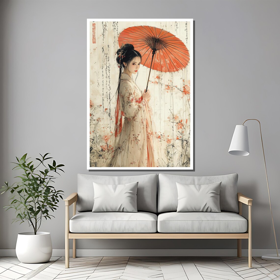 Graceful Asian Woman With Red Parasol Delicate Ink Floral Art Poster - Image 2