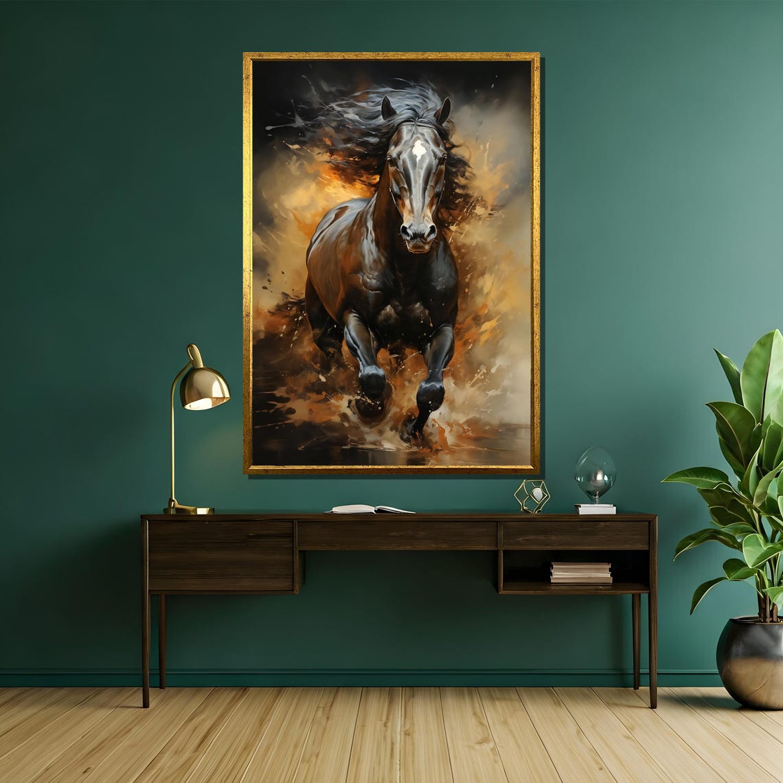 Black Stallion Running Through Fiery Golden Light Art Wall Poster - Image 5