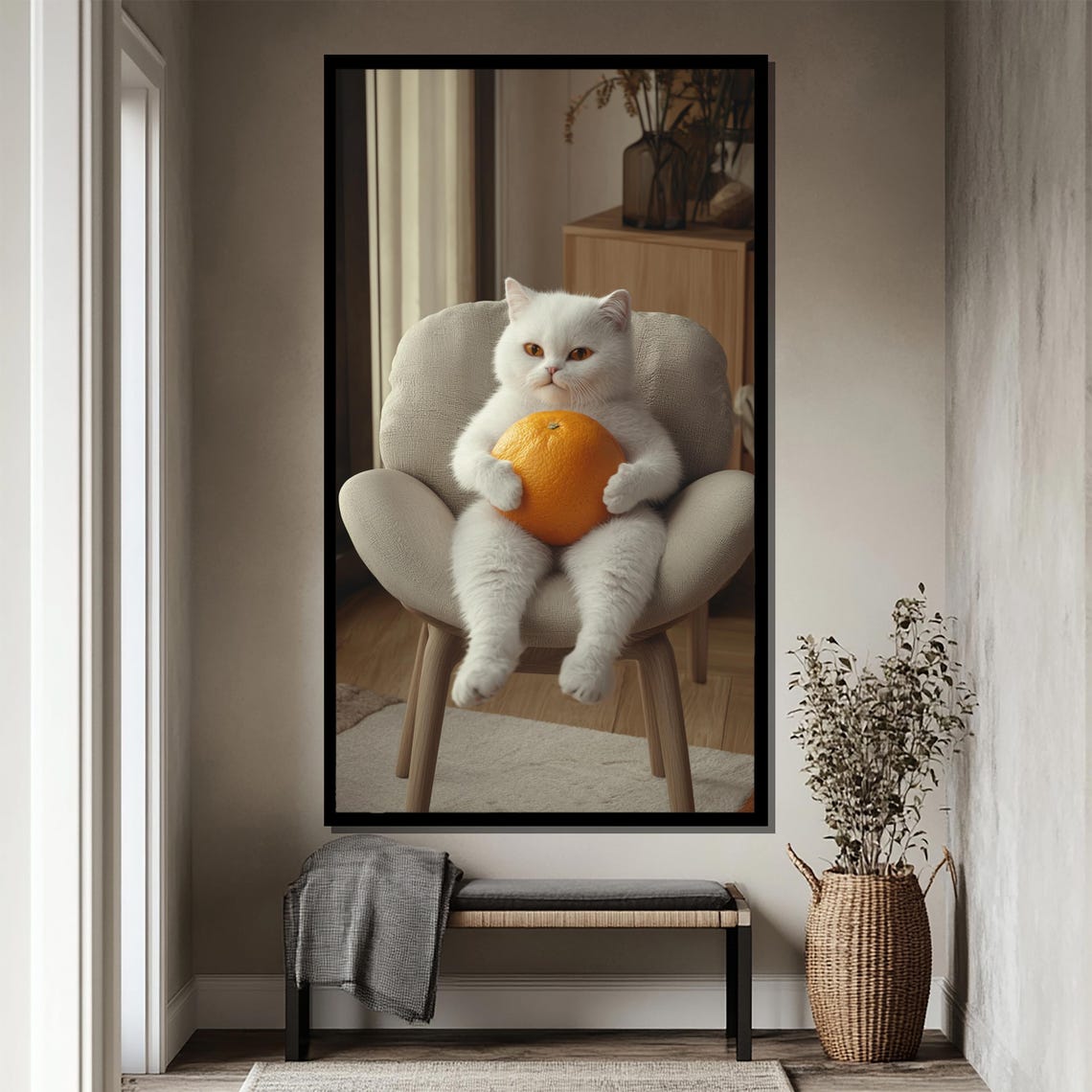 Funny White Cat Holding Big Orange Sitting In Chair Art Wall Poster - Image 4