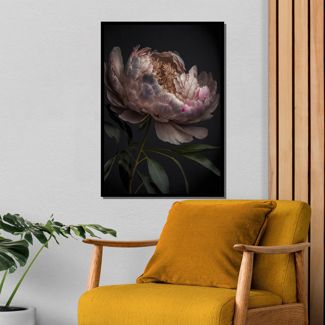 Soft Blush Pink Peony Bloom on a Velvet Black Floral Art Poster - Image 4