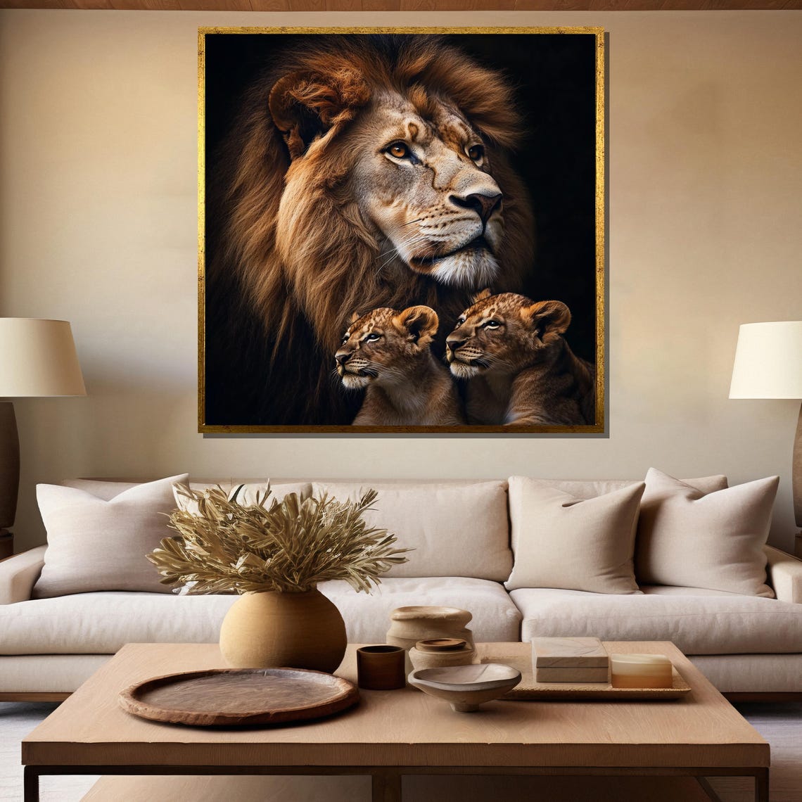 Majestic Lion with Two Cubs in Dark Wildlife Portrait Poster - Image 5
